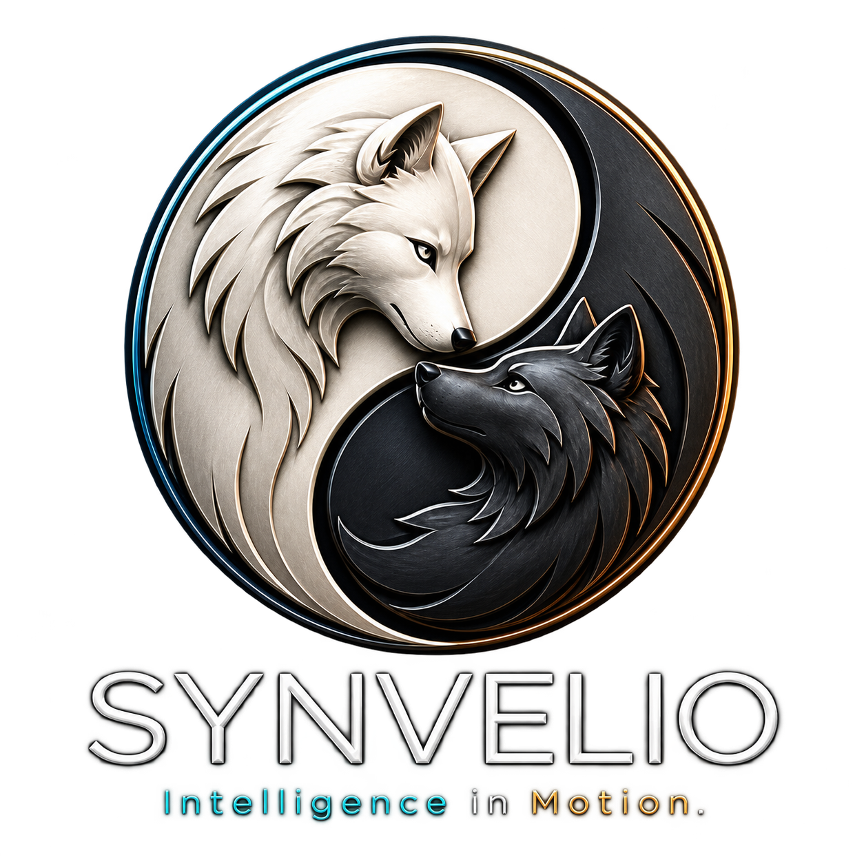 Synvelio metallic two-wolf yin-yang emblem, SYNVELIO wordmark, and Intelligence in Motion tagline